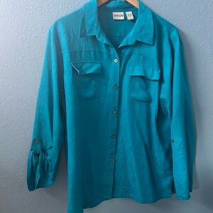 CHICO’S 100% SILK TURQUOISE BLUE BUTTON FRONT COLLAR SLEEVE BLOUSE SHIRT TOP